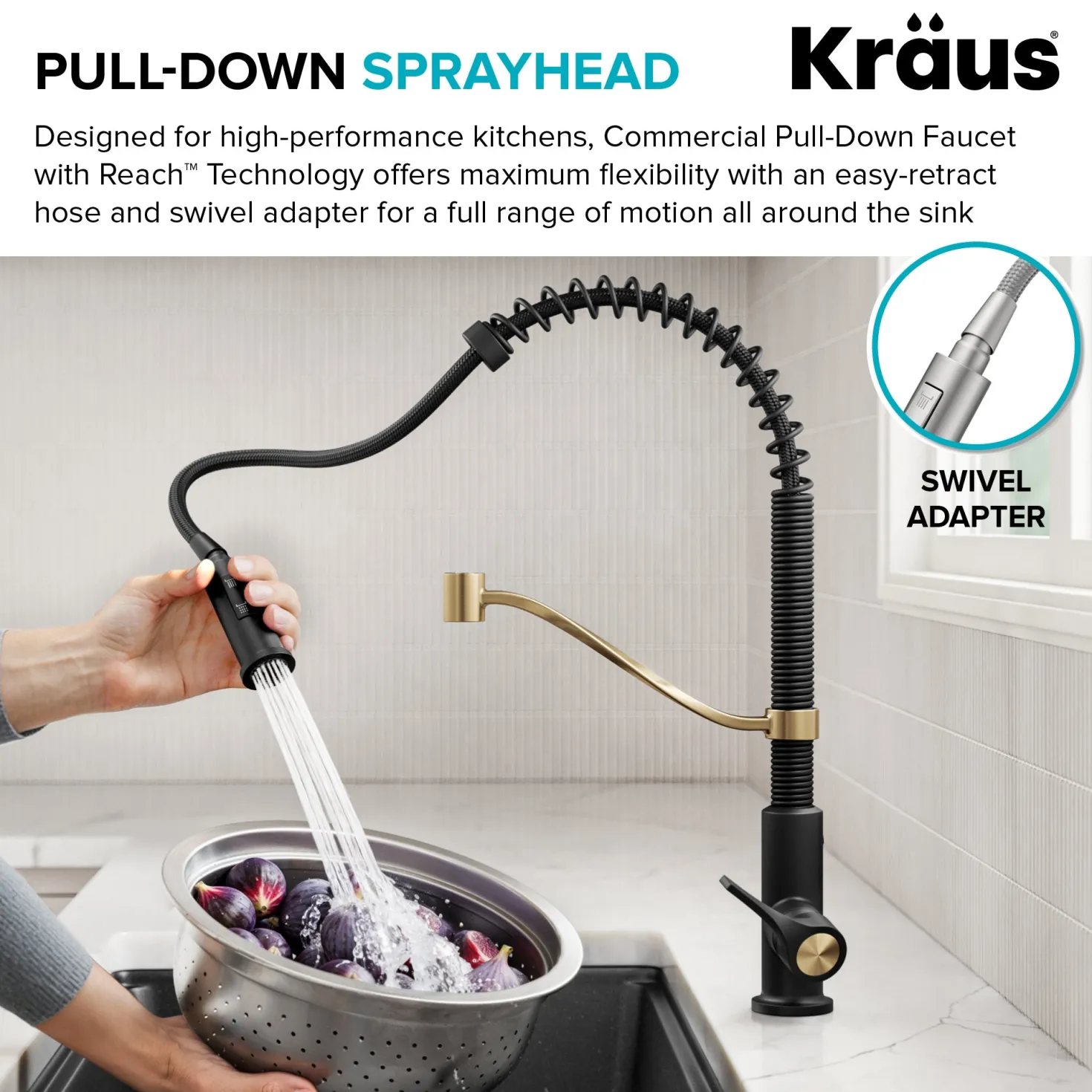KRAUS Torak Single Handle Pull Down Kitchen Faucet in Matte Black with Brushed Brass