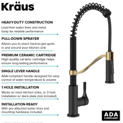 KRAUS Torak Single Handle Pull Down Kitchen Faucet in Matte Black with Brushed Brass