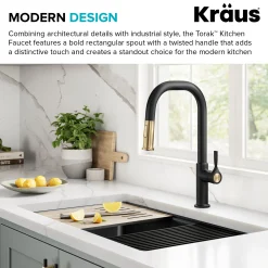 KRAUS Torak Single Handle Pull Down Kitchen Faucet in Matte Black with Brushed Brass