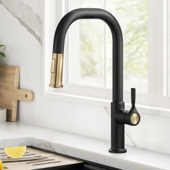 KRAUS Torak Single Handle Pull Down Kitchen Faucet in Matte Black with Brushed Brass