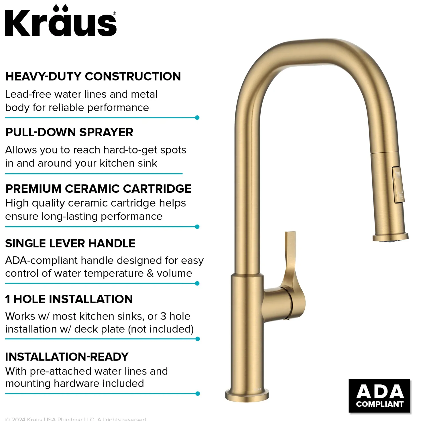 KRAUS Torak Single Handle Pull Down Kitchen Faucet in Brushed Brass