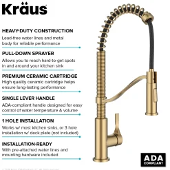 KRAUS Torak Single Handle Pull Down Kitchen Faucet in Brushed Brass