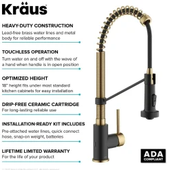 KRAUS Touchless Pull-Down Single Handle 18-Inch Kitchen Faucet in Brushed Brass & Matte Black