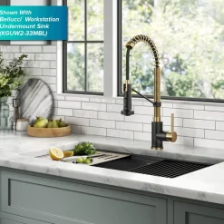 KRAUS Touchless Pull-Down Single Handle 18-Inch Kitchen Faucet in Brushed Brass & Matte Black