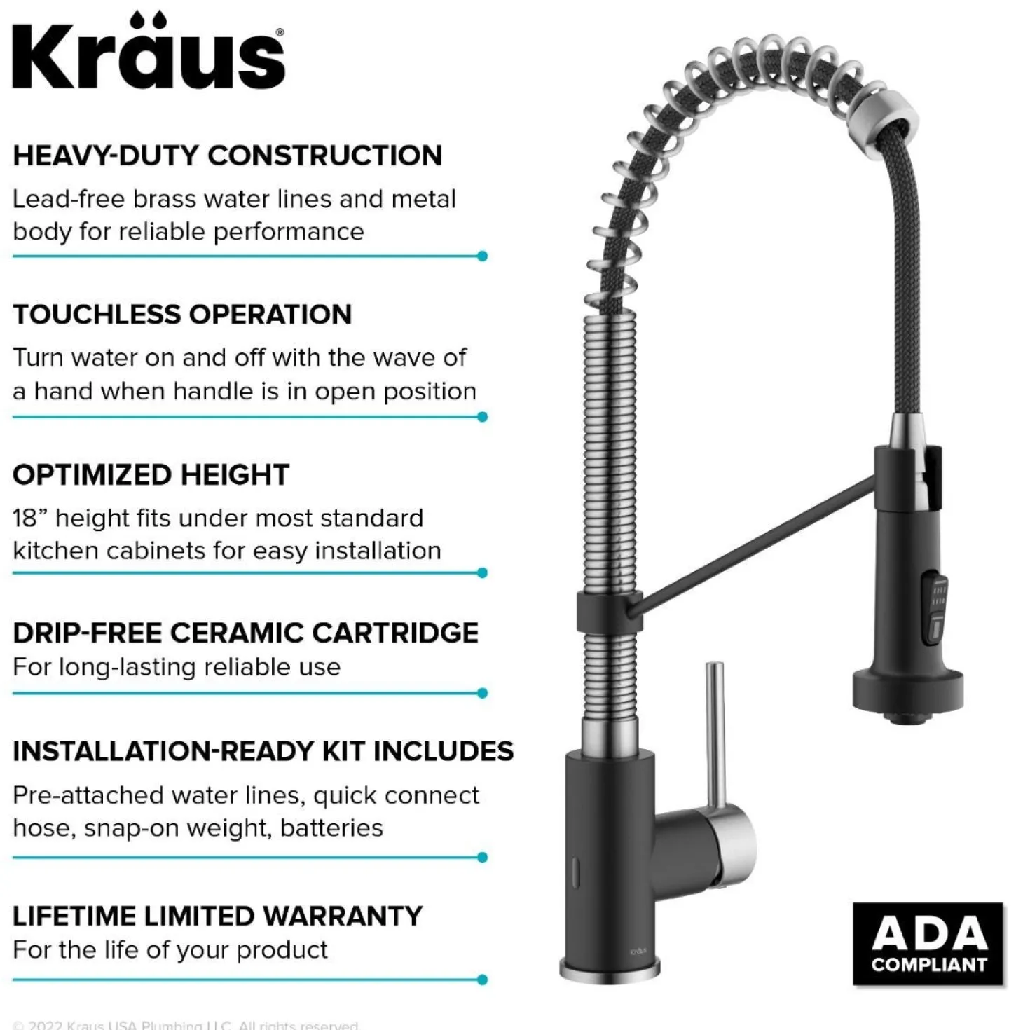 KRAUS Touchless Pull-Down Single Handle 18-Inch Kitchen Faucet in Spot-Free Stainless & Matte Black