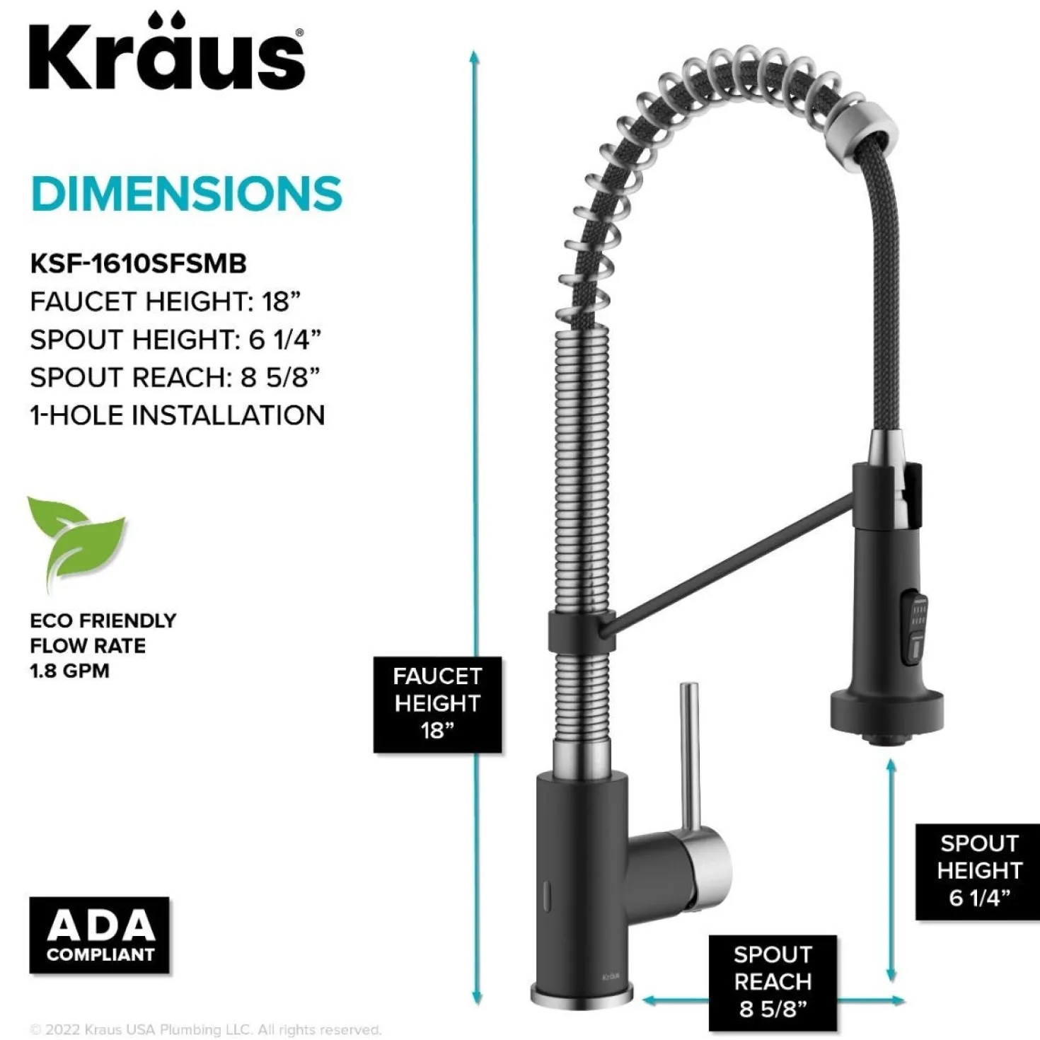 KRAUS Touchless Pull-Down Single Handle 18-Inch Kitchen Faucet in Spot-Free Stainless & Matte Black