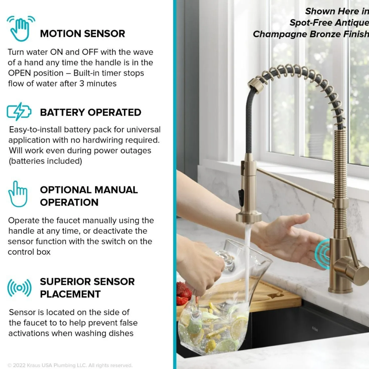 KRAUS Touchless Pull-Down Single Handle 18-Inch Kitchen Faucet in Brushed Brass