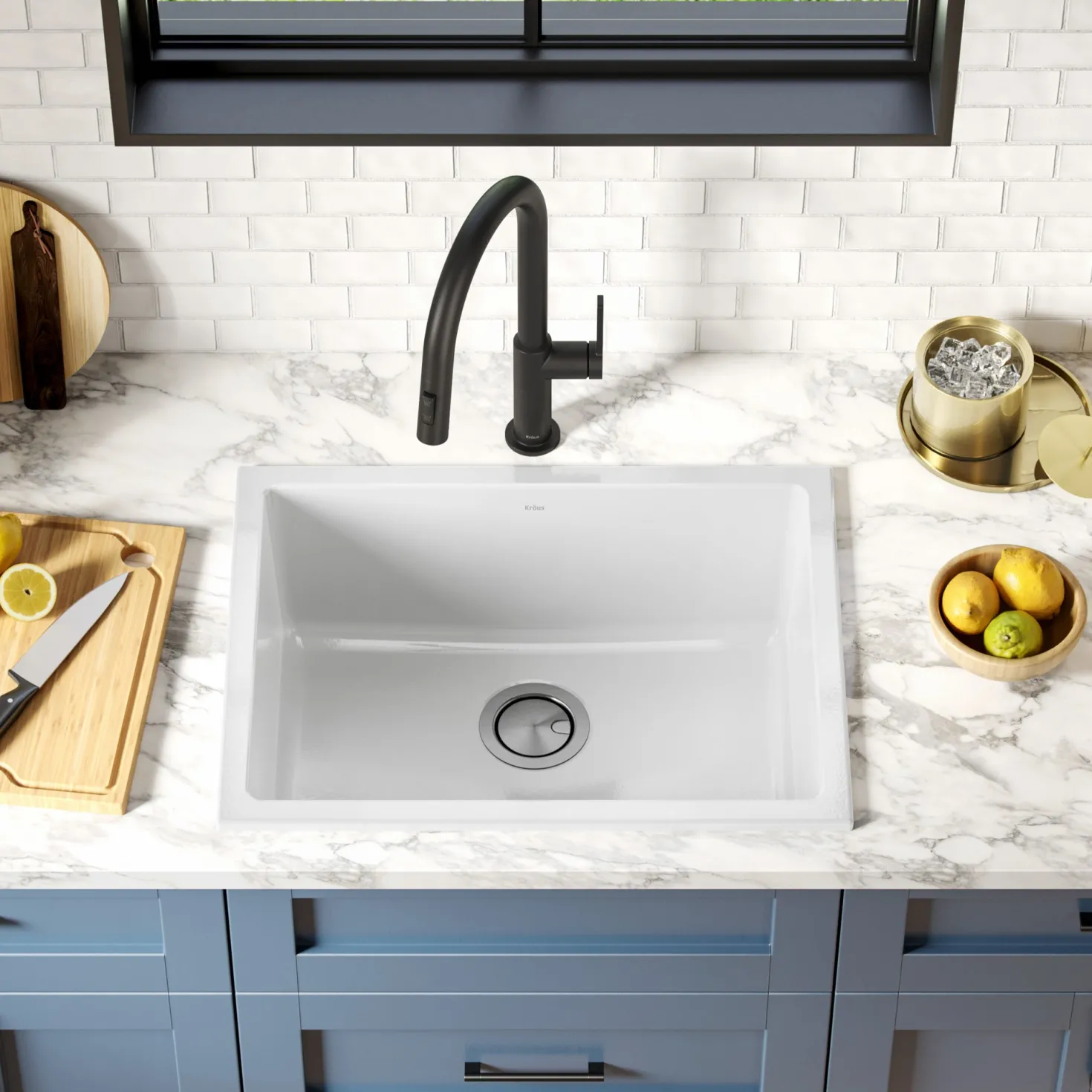 KRAUS Turino 24" Drop-In or Undermount Fireclay Kitchen Sink with Thick Mounting Deck in Gloss White