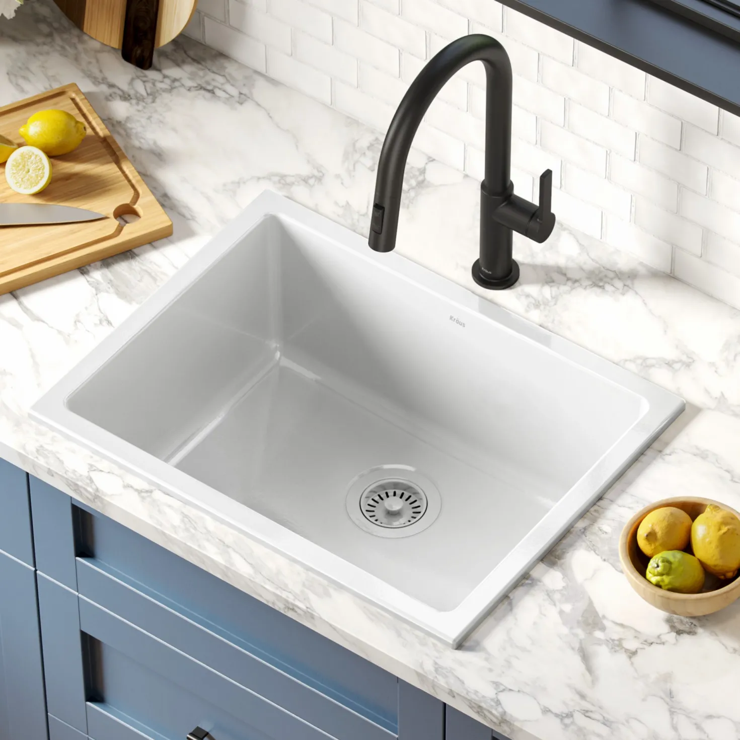 KRAUS Turino 24" Drop-In or Undermount Fireclay Kitchen Sink with Thick Mounting Deck in Gloss White