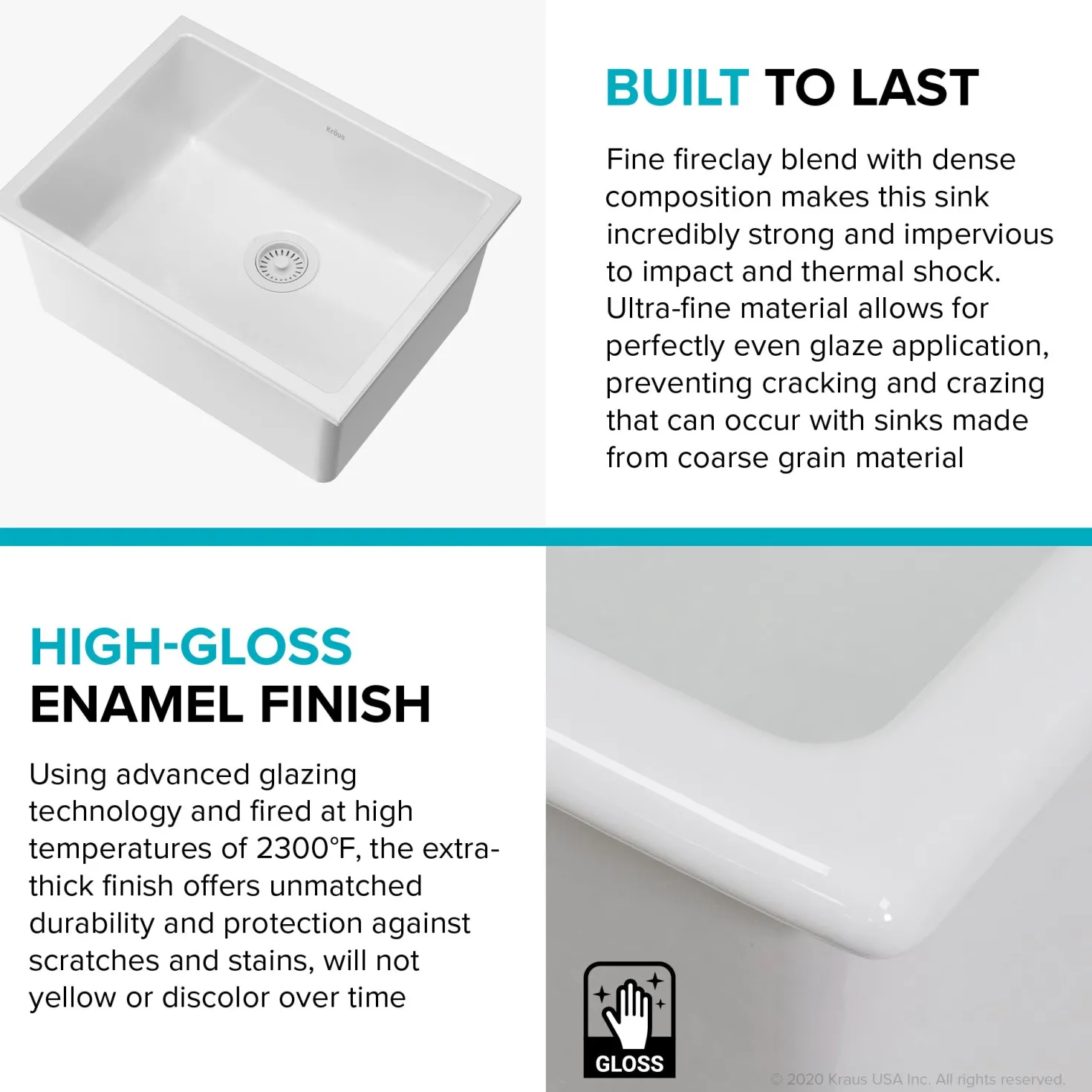 KRAUS Turino 24" Drop-In or Undermount Fireclay Kitchen Sink with Thick Mounting Deck in Gloss White