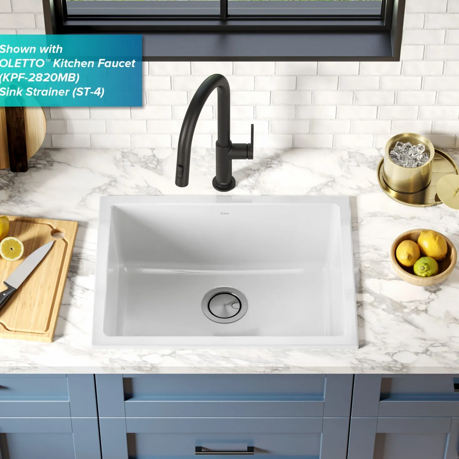 KRAUS Turino 24" Drop-In or Undermount Fireclay Kitchen Sink with Thick Mounting Deck in Gloss White