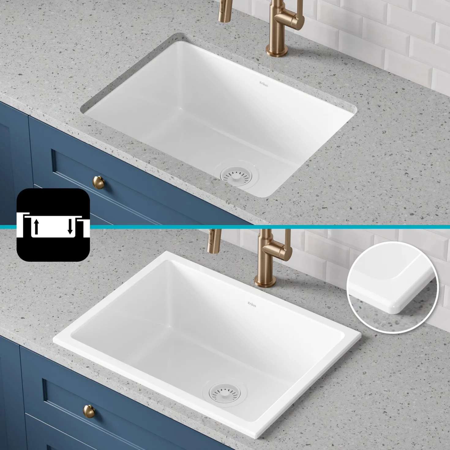 KRAUS Turino 24" Drop-In or Undermount Fireclay Kitchen Sink with Thick Mounting Deck in Gloss White
