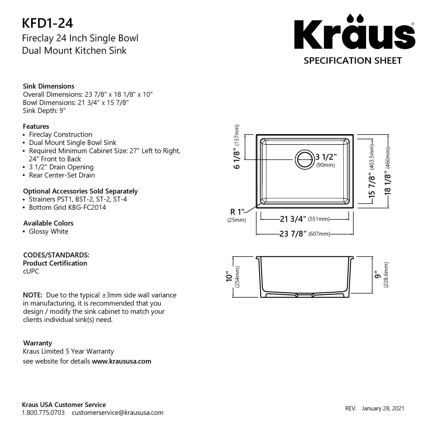 KRAUS Turino 24" Drop-In or Undermount Fireclay Kitchen Sink with Thick Mounting Deck in Gloss White