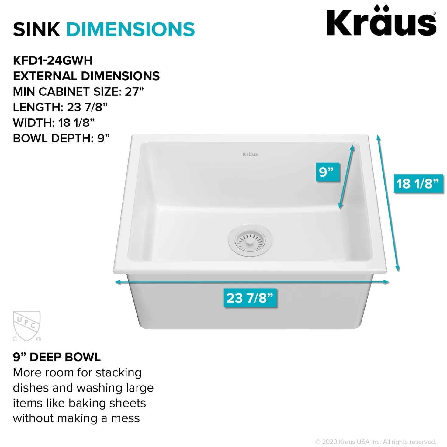 KRAUS Turino 24" Drop-In or Undermount Fireclay Kitchen Sink with Thick Mounting Deck in Gloss White