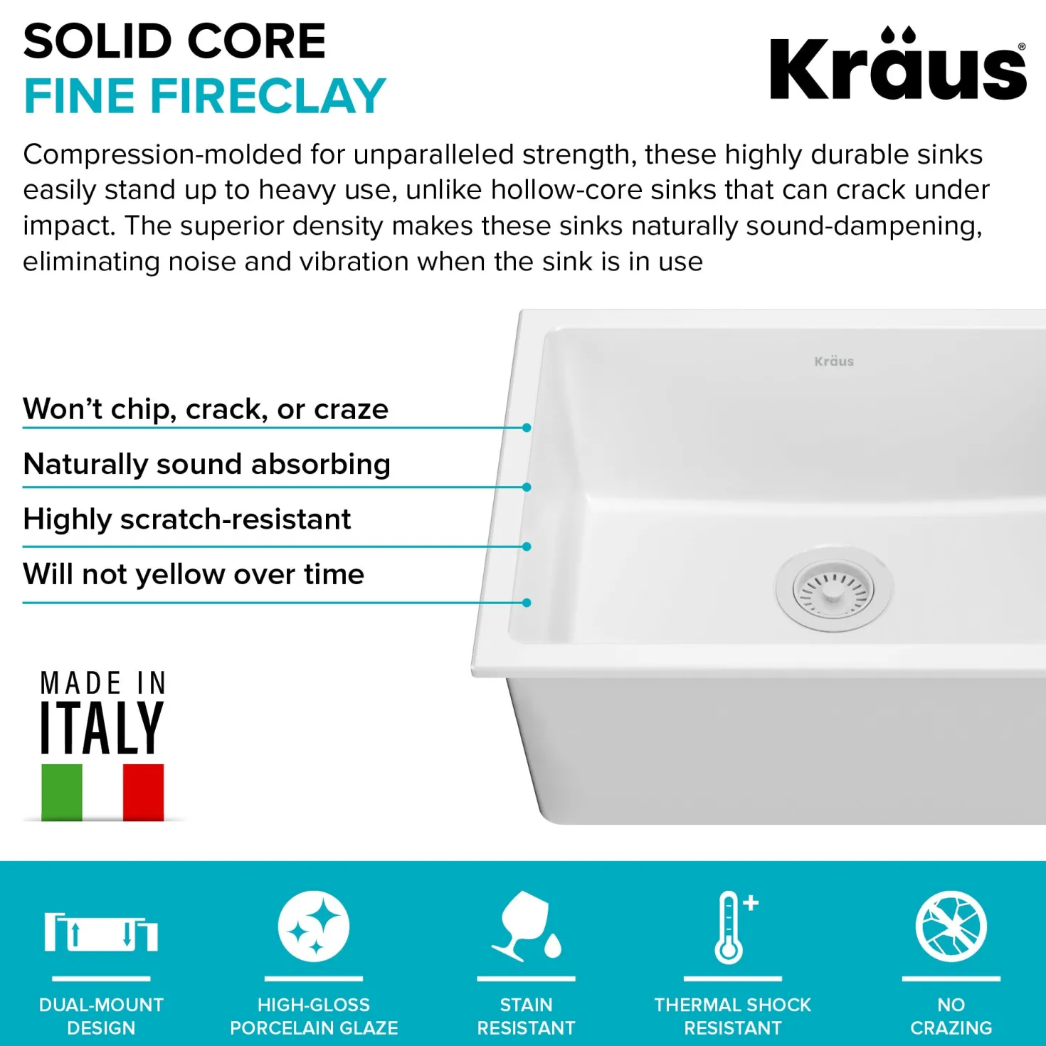 KRAUS Turino 24" Drop-In or Undermount Fireclay Kitchen Sink with Thick Mounting Deck in Gloss White