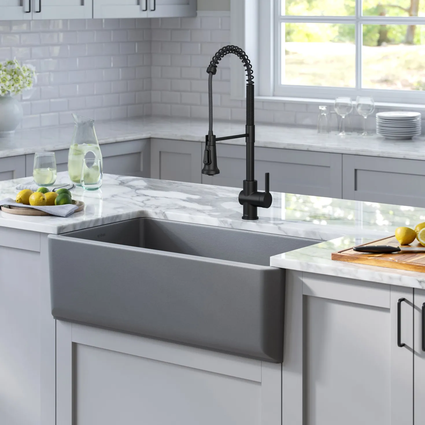 KRAUS Turino 33" Reversible Apron Front Fireclay Kitchen Sink in Matte Grey