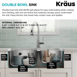 KRAUS 32" Undermount 60/40 Double Bowl Stainless Steel Kitchen Sink