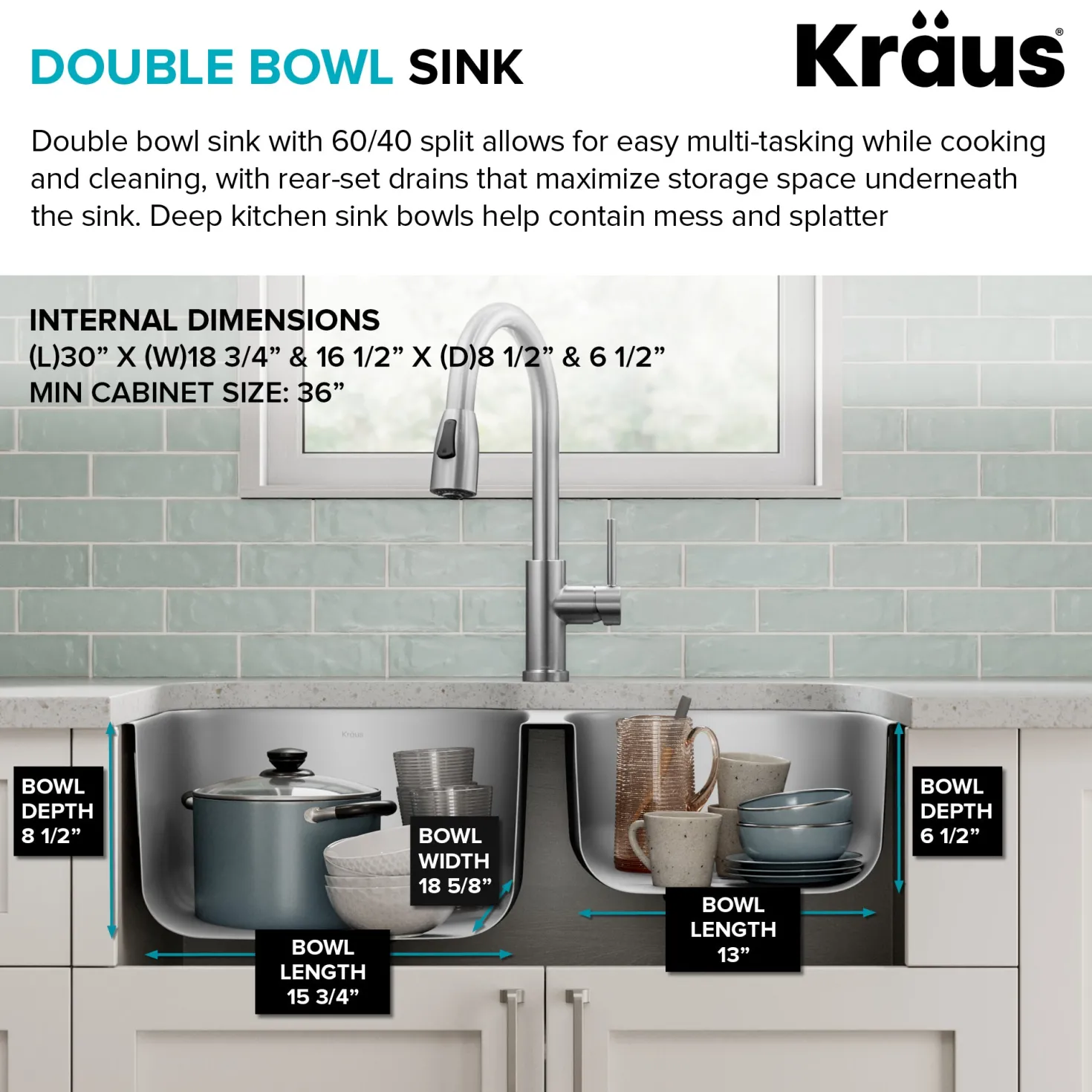 KRAUS 32" Undermount 60/40 Double Bowl Stainless Steel Kitchen Sink