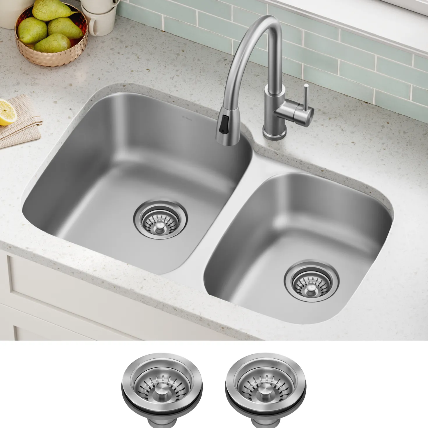 KRAUS 32" Undermount 60/40 Double Bowl Stainless Steel Kitchen Sink