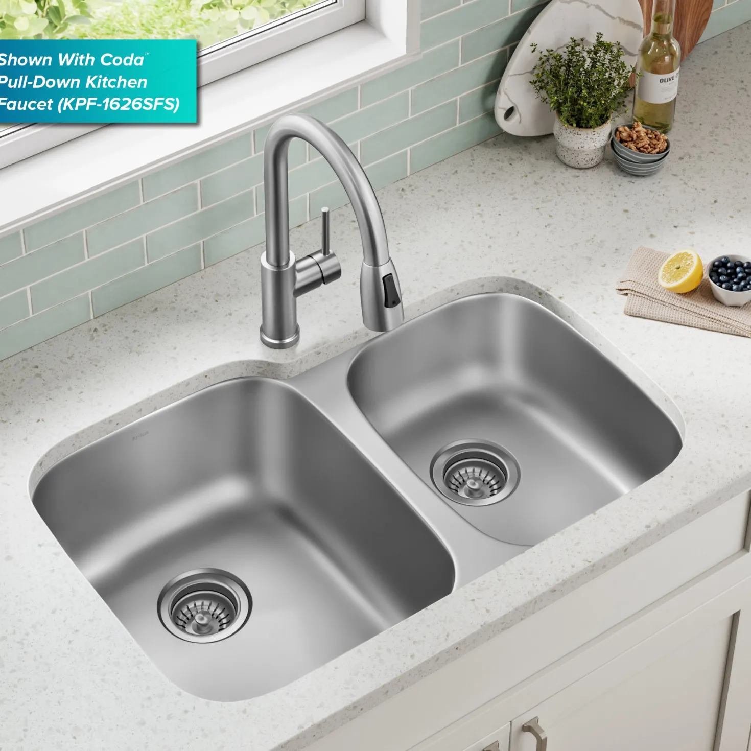 KRAUS 32" Undermount 60/40 Double Bowl Stainless Steel Kitchen Sink