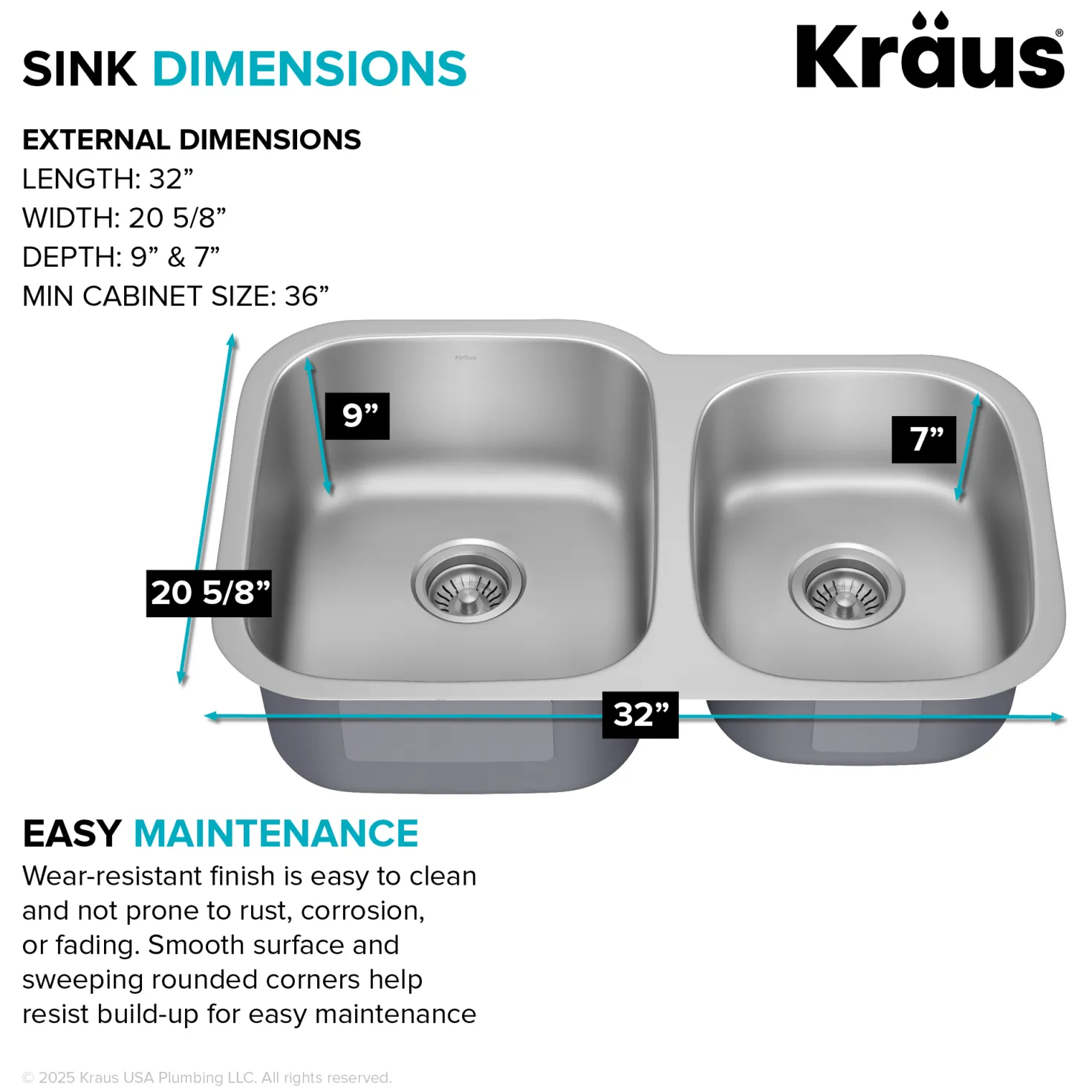 KRAUS 32" Undermount 60/40 Double Bowl Stainless Steel Kitchen Sink