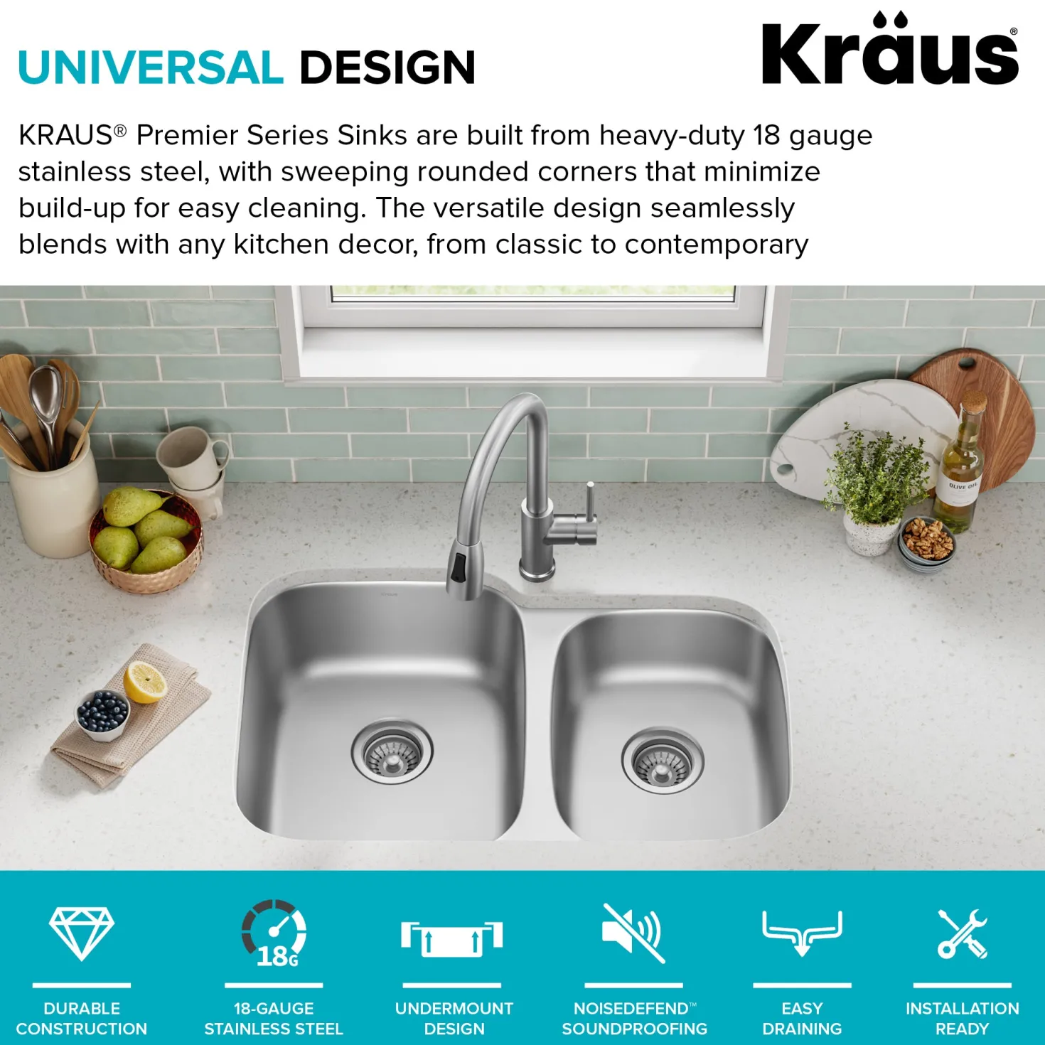 KRAUS 32" Undermount 60/40 Double Bowl Stainless Steel Kitchen Sink