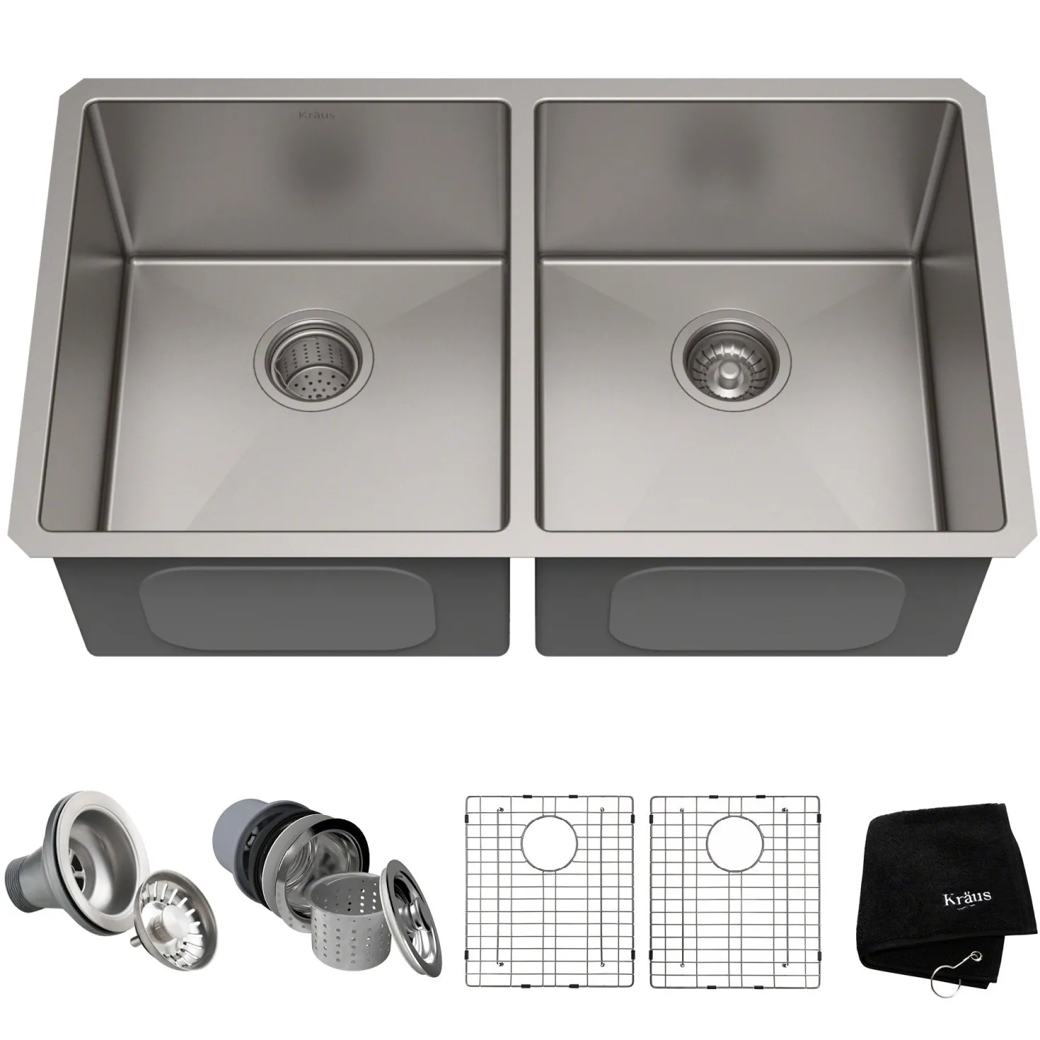KRAUS 33" Undermount 50/50 Double Bowl 16 Gauge Stainless Steel Kitchen Sink with NoiseDefend Soundproofing