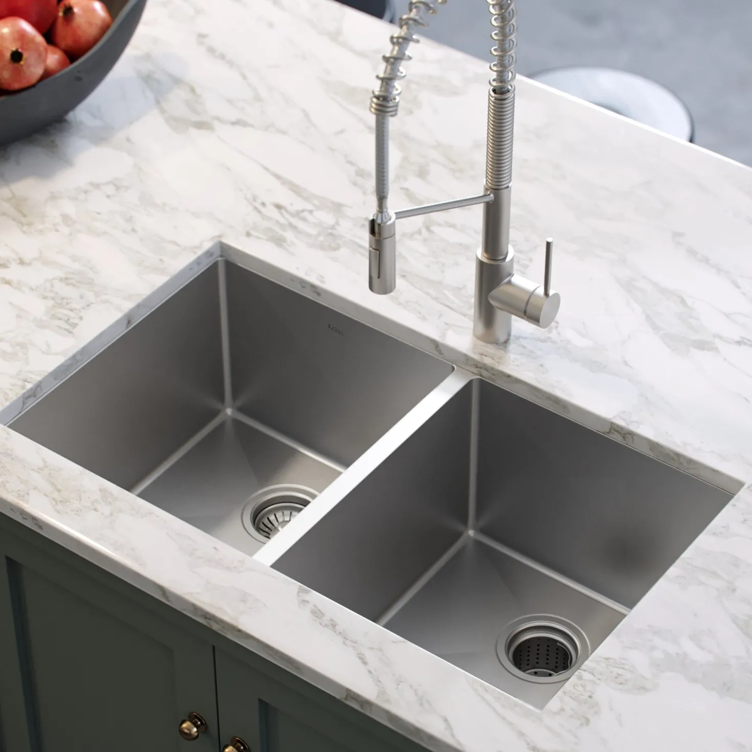 KRAUS 33" Undermount 50/50 Double Bowl 16 Gauge Stainless Steel Kitchen Sink with NoiseDefend Soundproofing