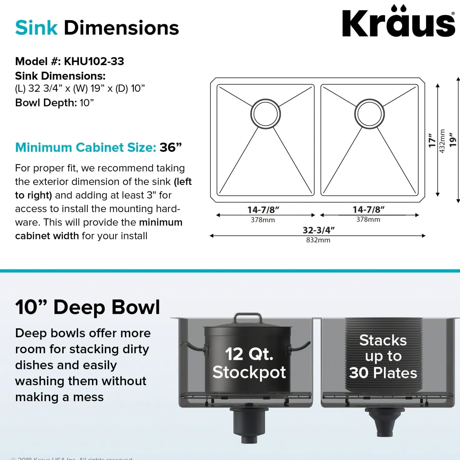 KRAUS 33" Undermount 50/50 Double Bowl 16 Gauge Stainless Steel Kitchen Sink with NoiseDefend Soundproofing