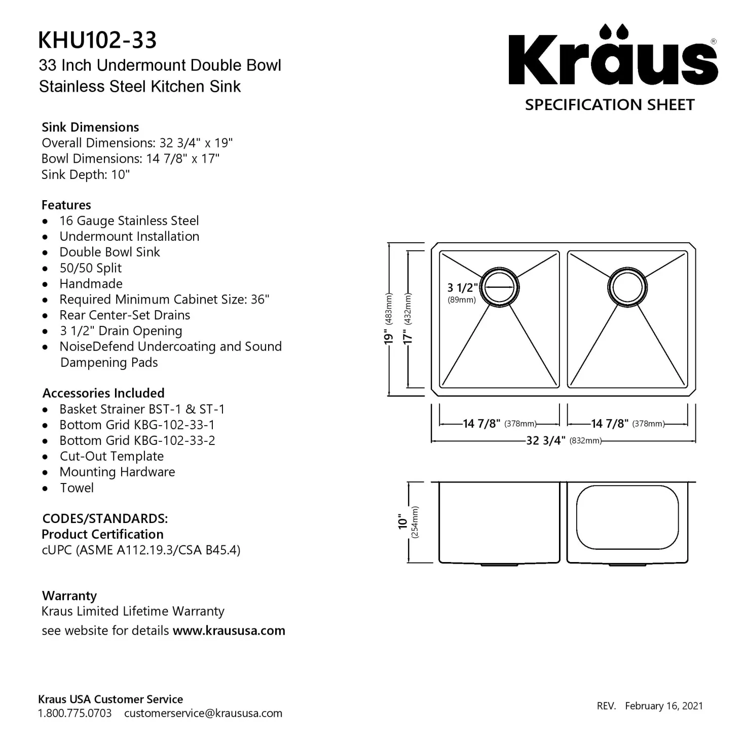 KRAUS 33" Undermount 50/50 Double Bowl 16 Gauge Stainless Steel Kitchen Sink with NoiseDefend Soundproofing