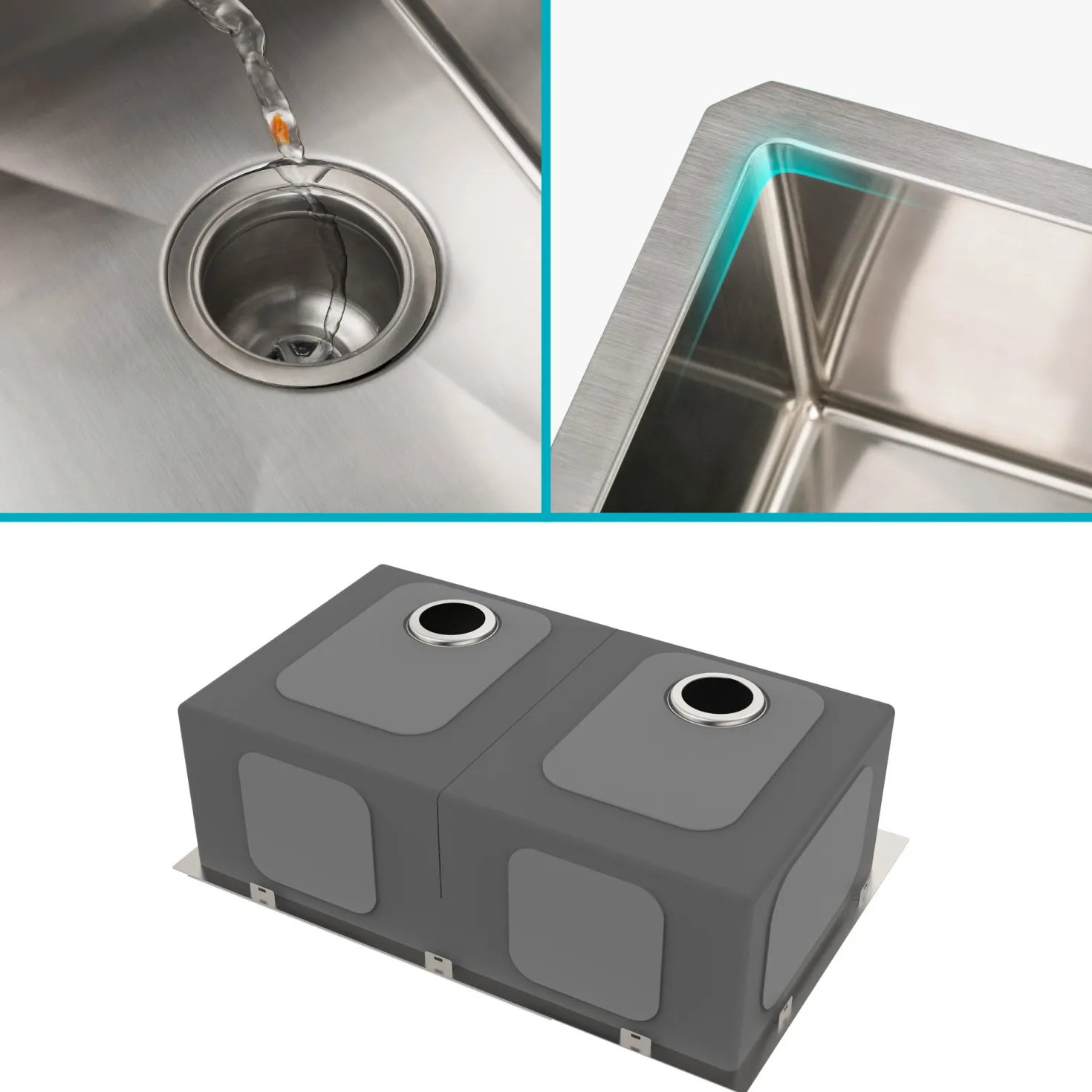 KRAUS 33" Undermount 50/50 Double Bowl 16 Gauge Stainless Steel Kitchen Sink with NoiseDefend Soundproofing