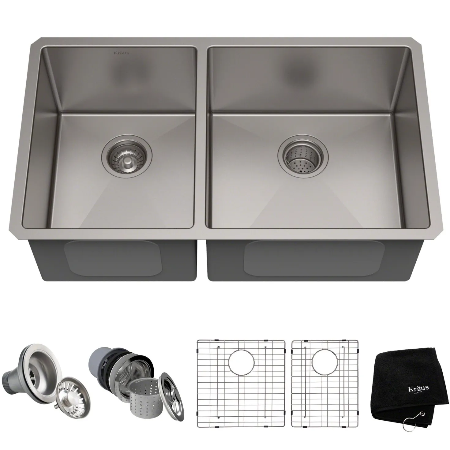 KRAUS 33" Undermount 40/60 Double Bowl 16 Gauge Stainless Steel Kitchen Sink with NoiseDefend Soundproofing