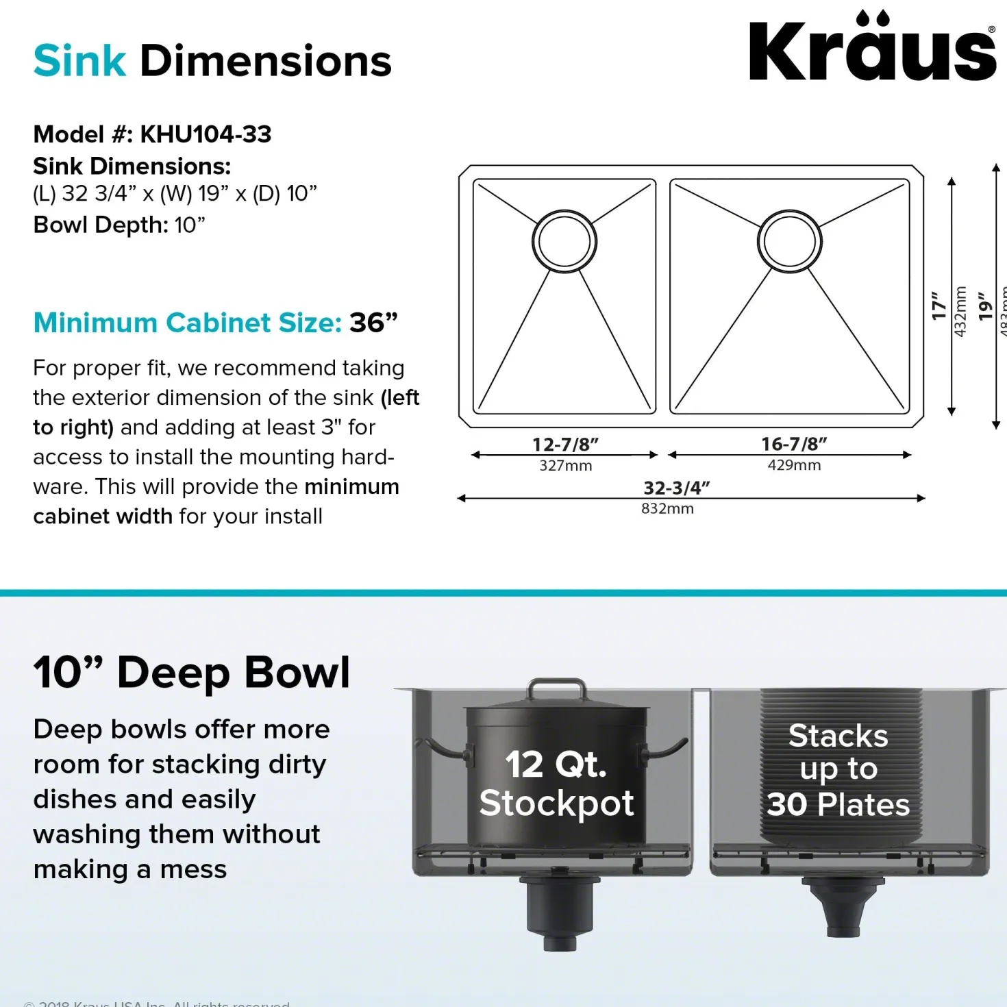 KRAUS 33" Undermount 40/60 Double Bowl 16 Gauge Stainless Steel Kitchen Sink with NoiseDefend Soundproofing
