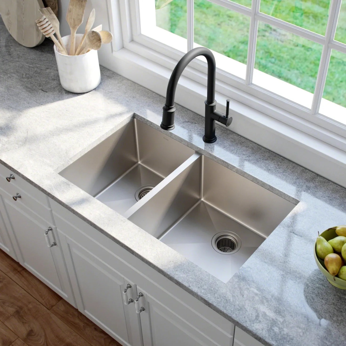 KRAUS 33" Undermount 40/60 Double Bowl 16 Gauge Stainless Steel Kitchen Sink with NoiseDefend Soundproofing