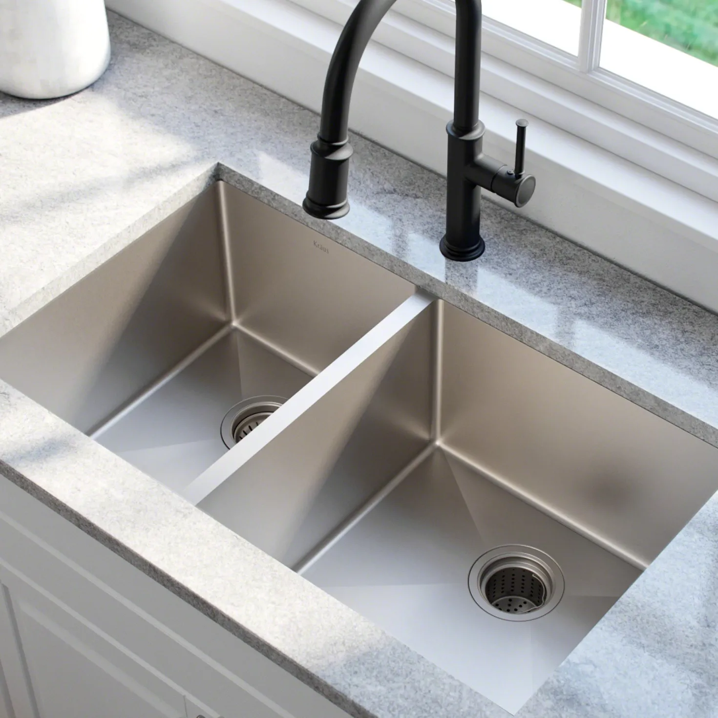 KRAUS 33" Undermount 40/60 Double Bowl 16 Gauge Stainless Steel Kitchen Sink with NoiseDefend Soundproofing