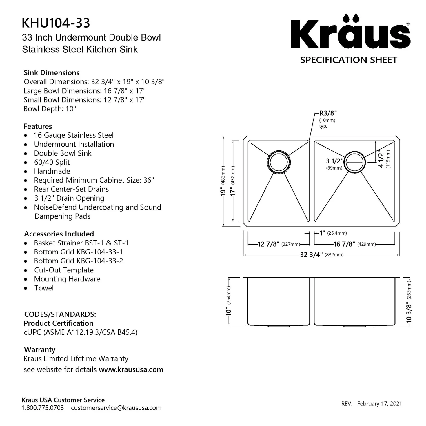KRAUS 33" Undermount 40/60 Double Bowl 16 Gauge Stainless Steel Kitchen Sink with NoiseDefend Soundproofing