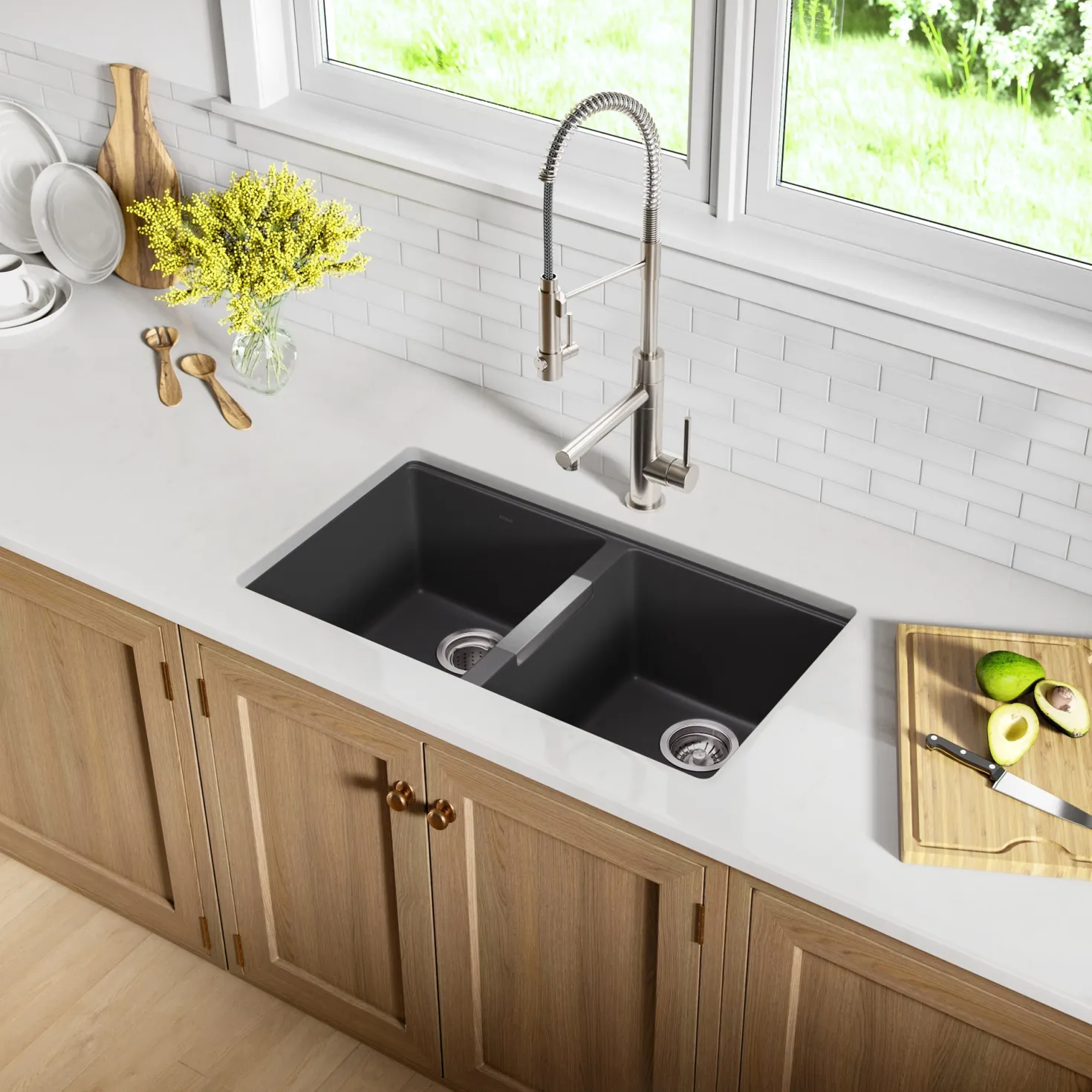 KRAUS 33" Undermount 50/50 Double Bowl Black Onyx Granite Kitchen Sink