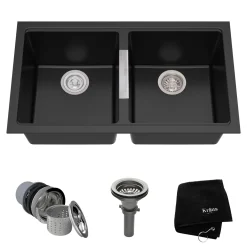 KRAUS 33" Undermount 50/50 Double Bowl Black Onyx Granite Kitchen Sink
