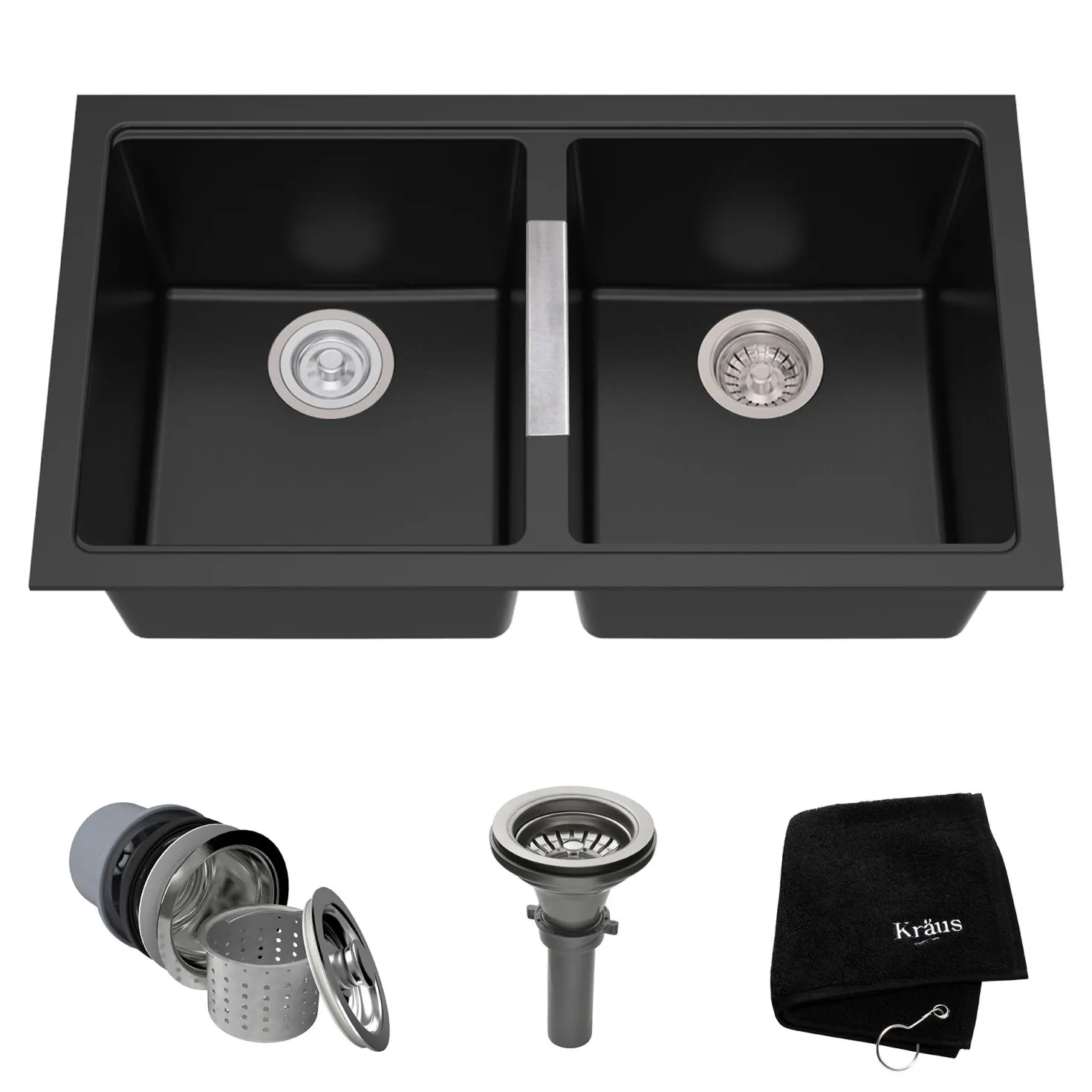 KRAUS 33" Undermount 50/50 Double Bowl Black Onyx Granite Kitchen Sink