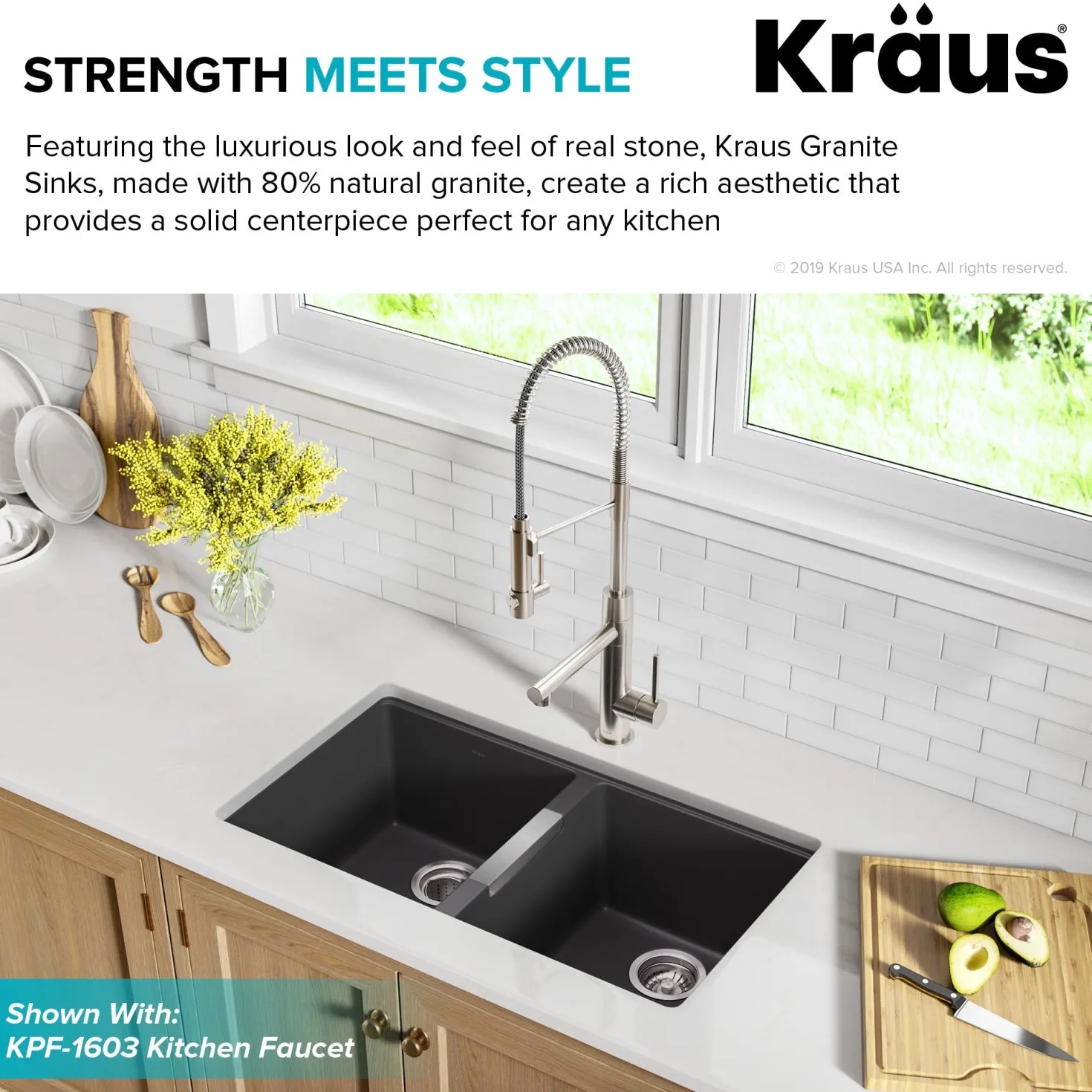 KRAUS 33" Undermount 50/50 Double Bowl Black Onyx Granite Kitchen Sink