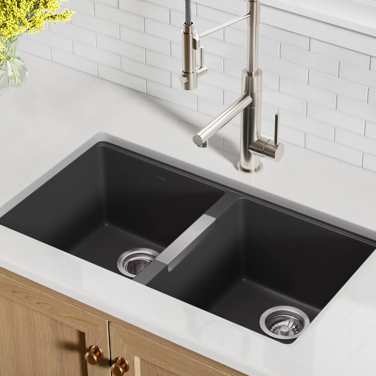 KRAUS 33" Undermount 50/50 Double Bowl Black Onyx Granite Kitchen Sink