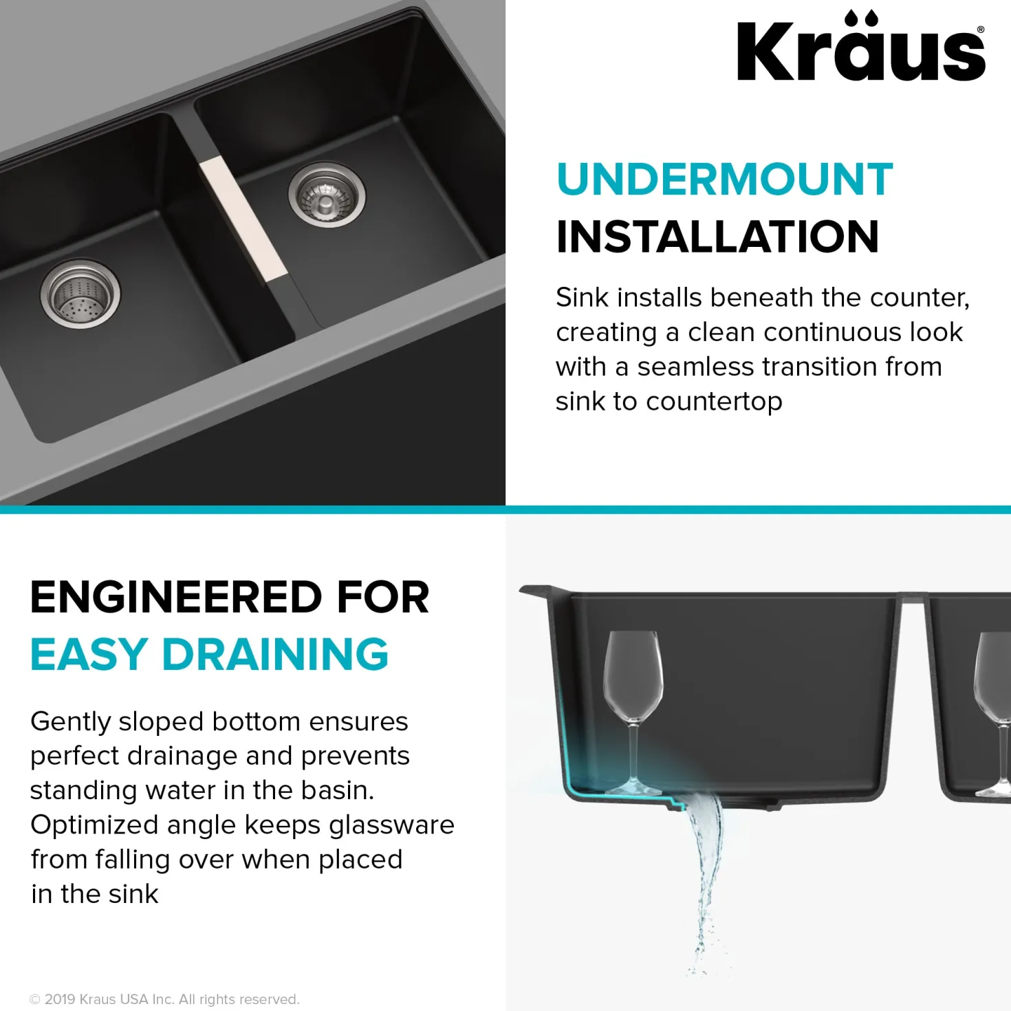 KRAUS 33" Undermount 50/50 Double Bowl Black Onyx Granite Kitchen Sink