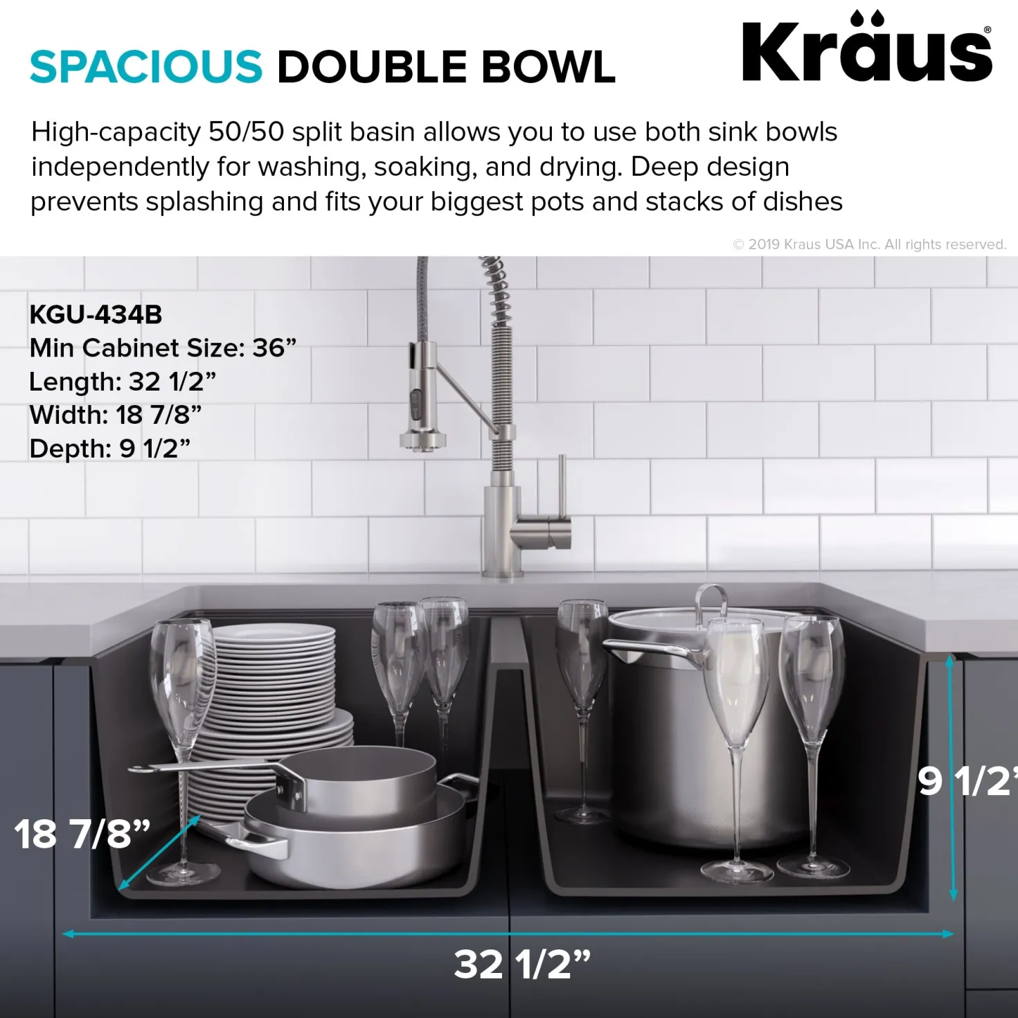 KRAUS 33" Undermount 50/50 Double Bowl Black Onyx Granite Kitchen Sink