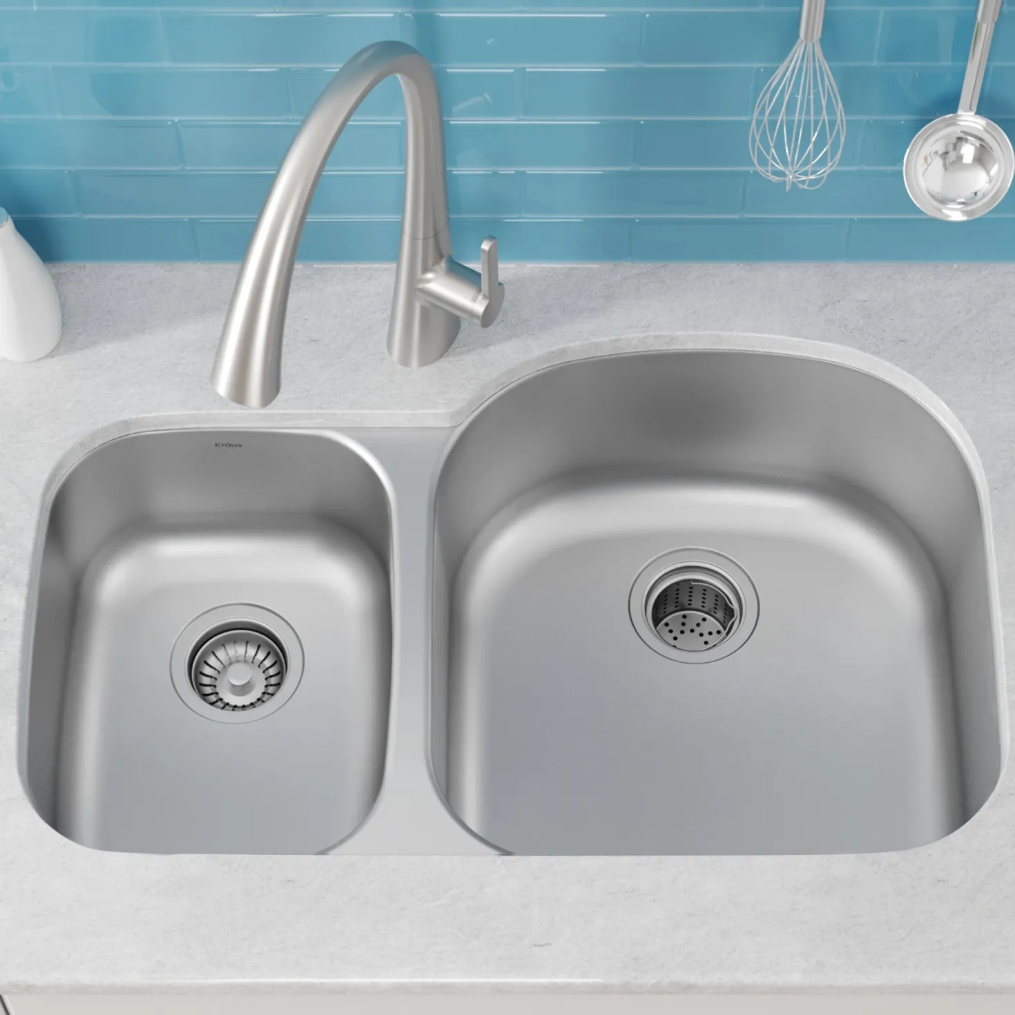 KRAUS 32" Undermount 40/60 Double Bowl 16 Gauge Stainless Steel Kitchen Sink with NoiseDefend Soundproofing