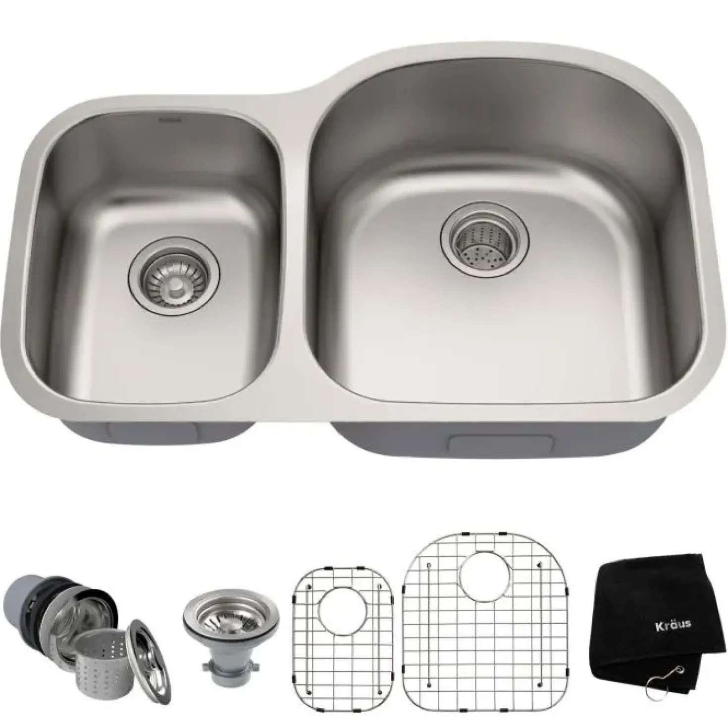 KRAUS 32" Undermount 40/60 Double Bowl 16 Gauge Stainless Steel Kitchen Sink with NoiseDefend Soundproofing