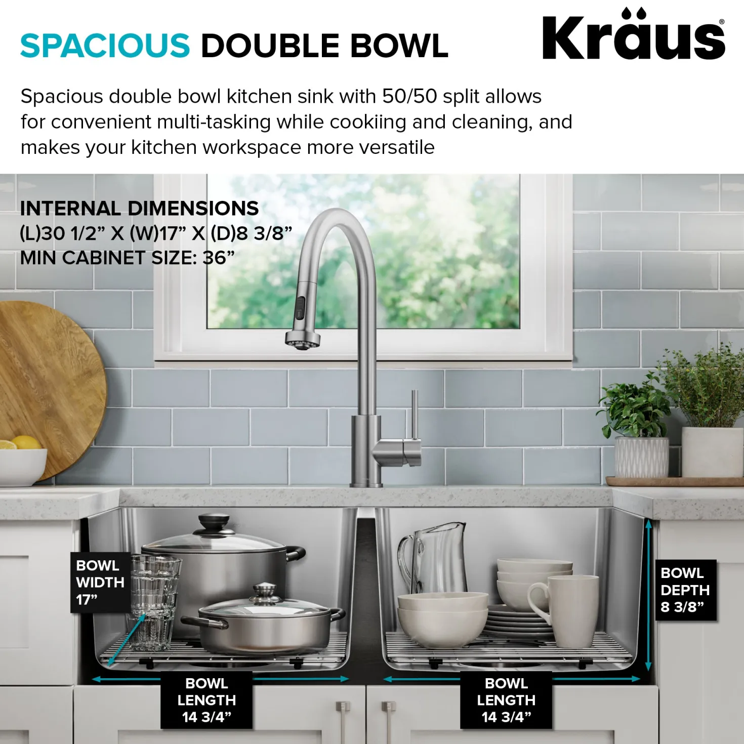 KRAUS 33” Undermount Double Bowl Stainless Steel Kitchen Sink