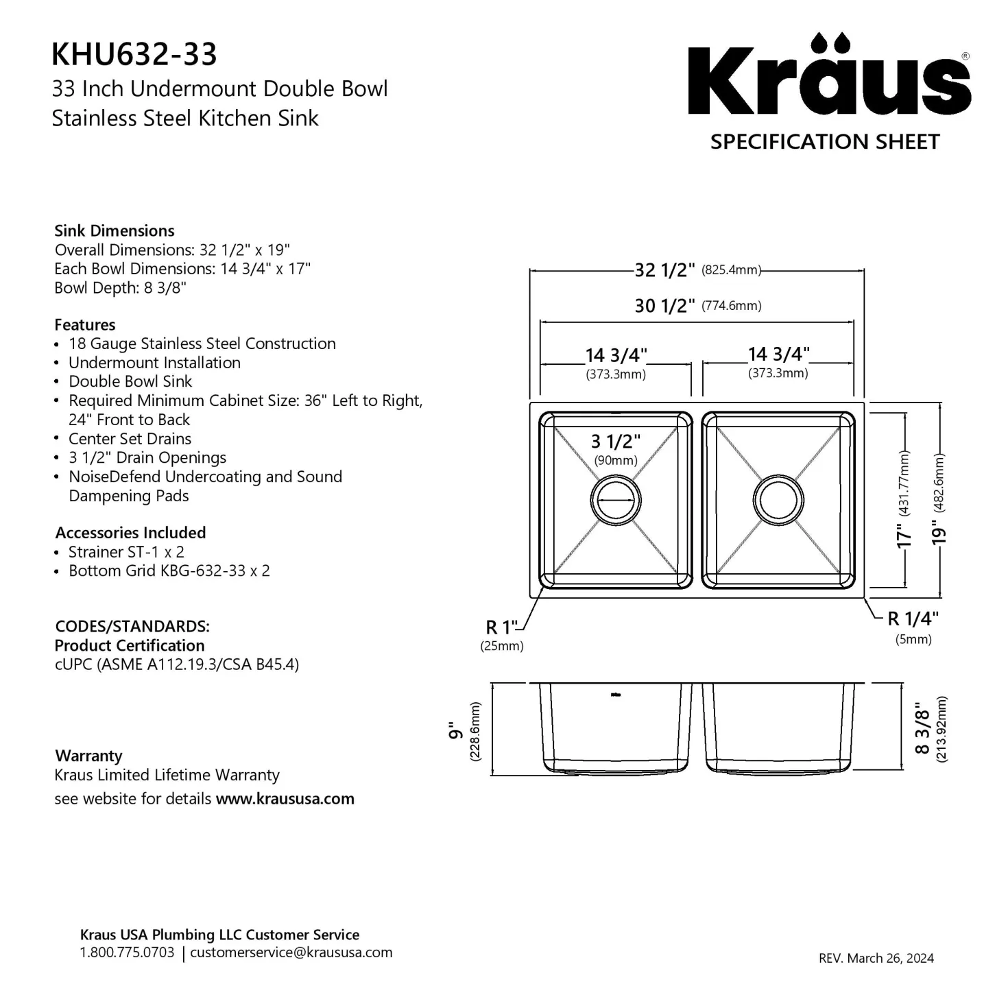 KRAUS 33” Undermount Double Bowl Stainless Steel Kitchen Sink