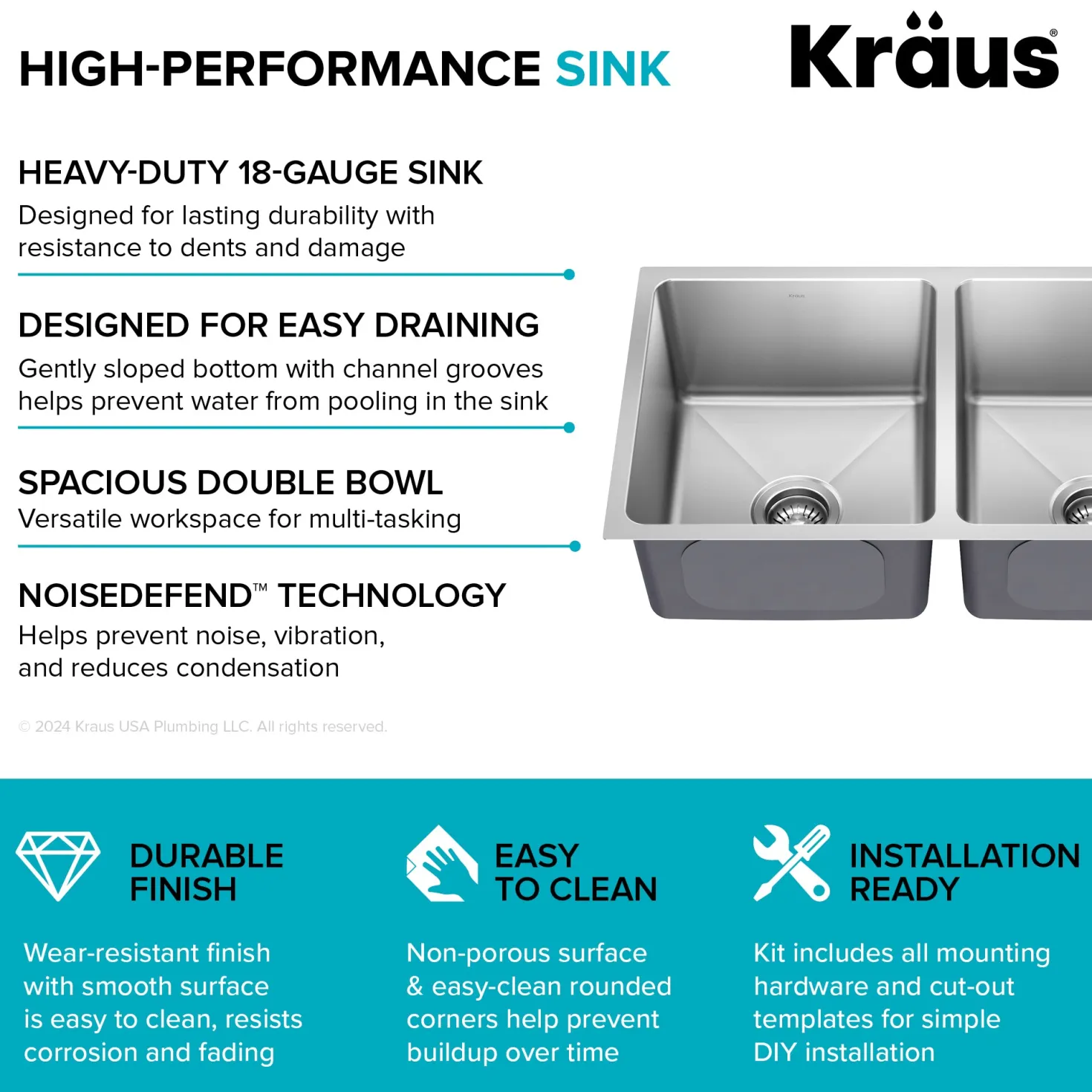 KRAUS 33” Undermount Double Bowl Stainless Steel Kitchen Sink