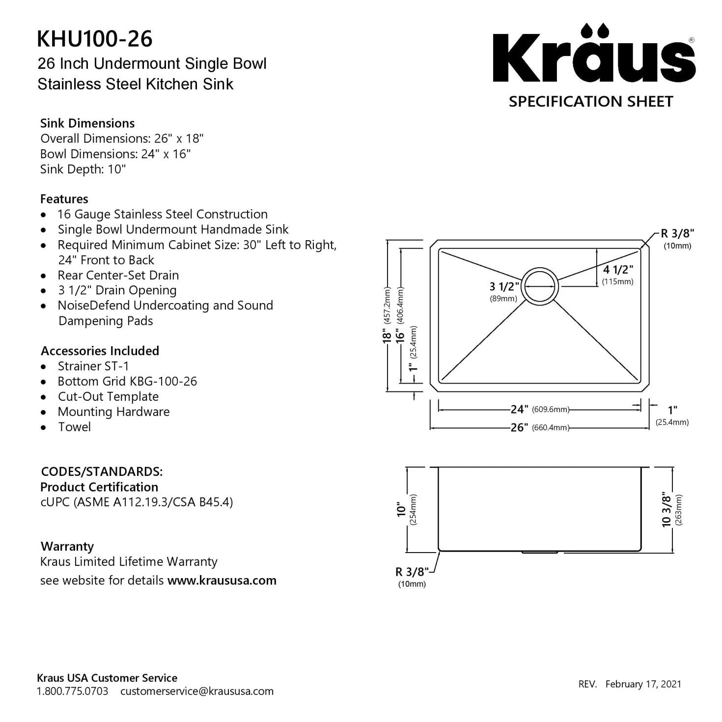 KRAUS 26" Undermount 16 Gauge Single Bowl Stainless Steel Small Radius Kitchen Sink