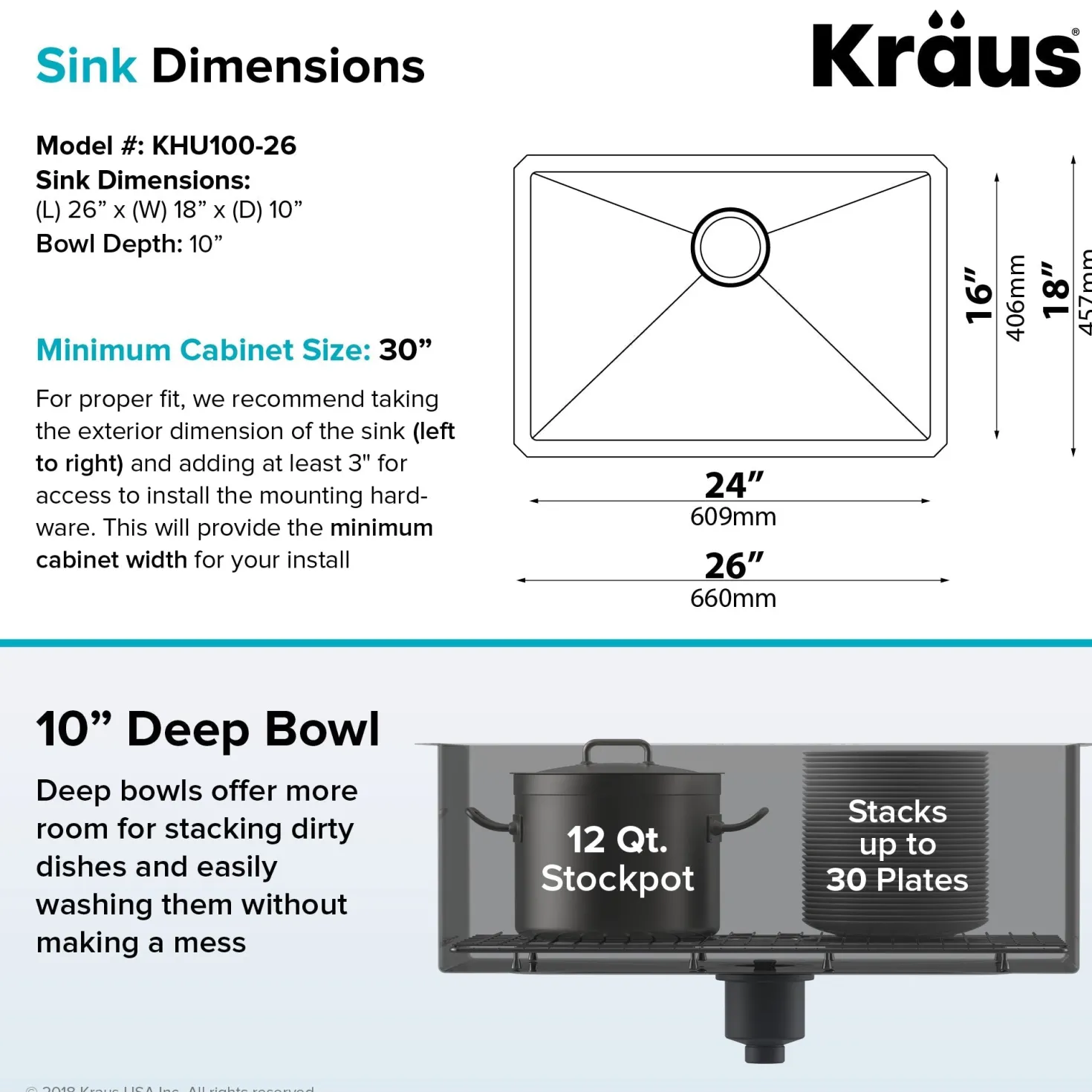KRAUS 26" Undermount 16 Gauge Single Bowl Stainless Steel Small Radius Kitchen Sink